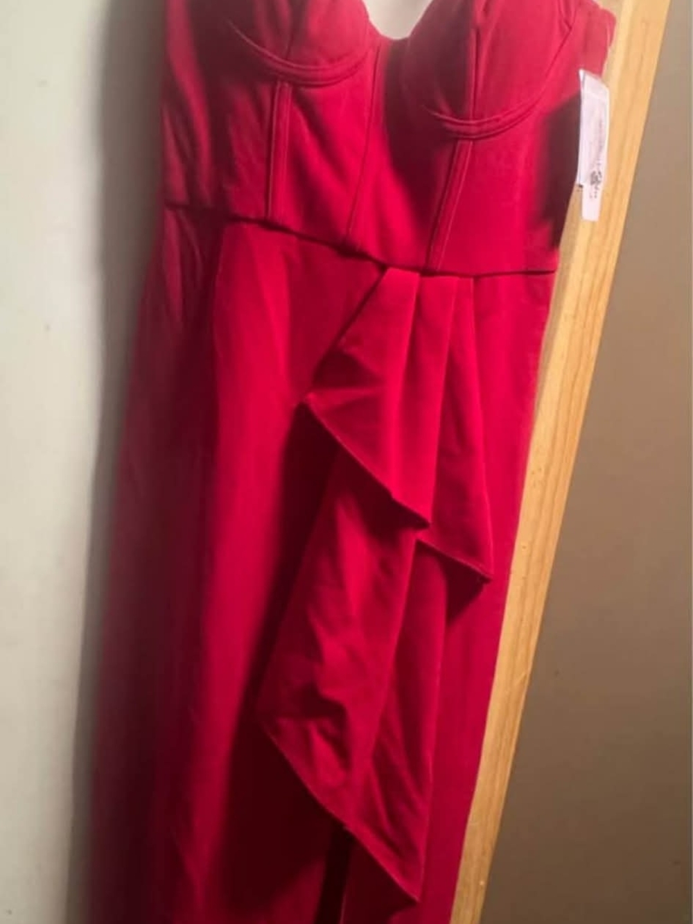 Strapless Red Wedding Dress with Draped Cascade Detail - Picture 1 of 5